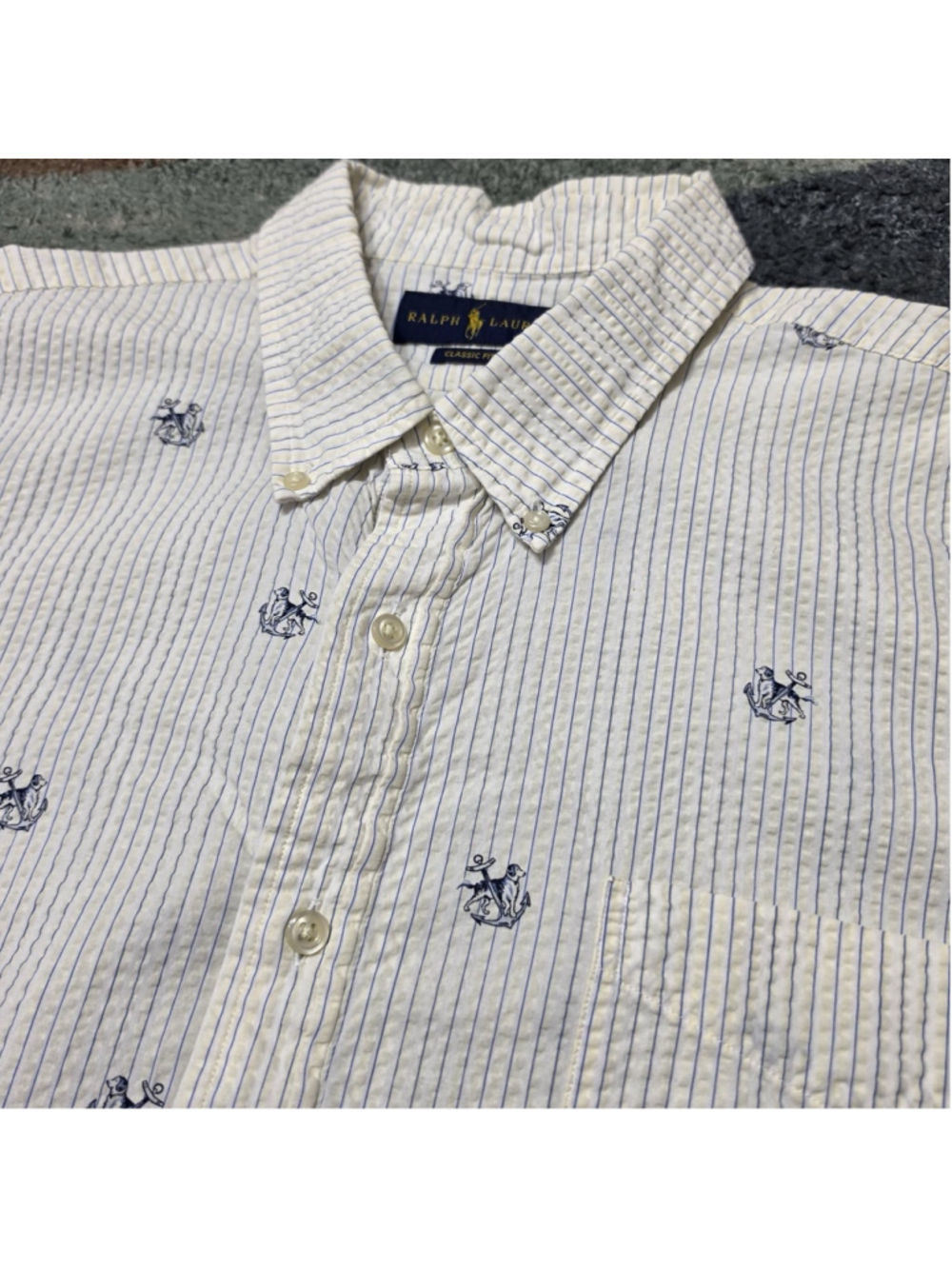 Ralph Lauren Shirt Mens XL Classic Fit Seersucker Blue Stripe Anchor Dog